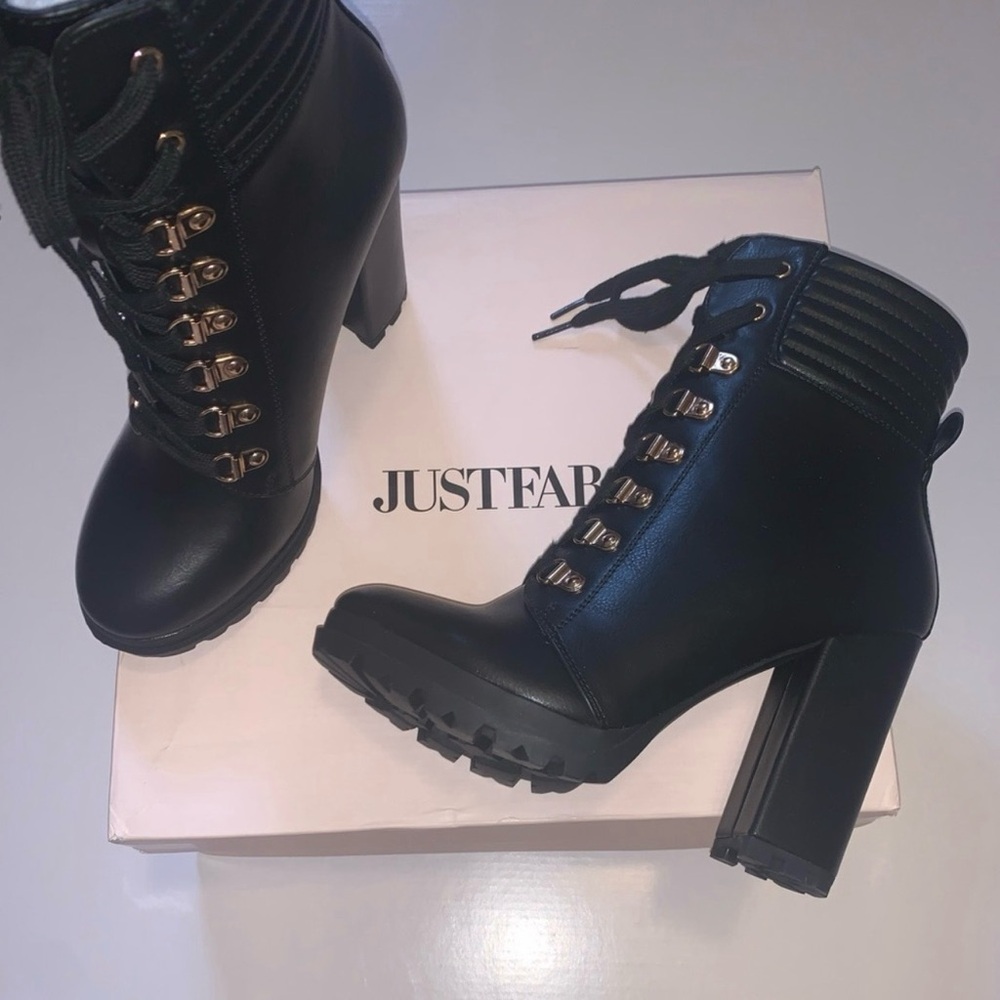 JustFab Black and Gold Heeled Boots with Chunky Heel
